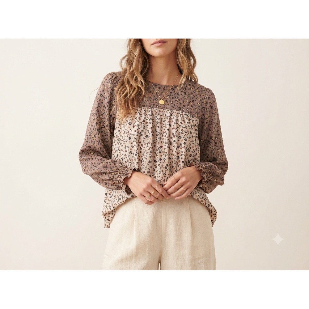 Andree by Unit Floral Mixed Print Puff Sleeve Top Brown Cream Sm Boho Feminine